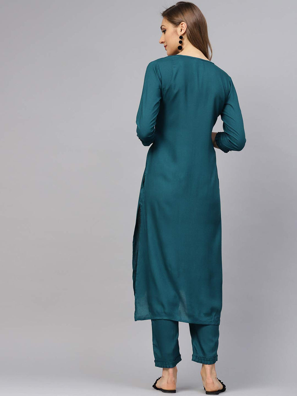 Idalia Rayon Solid Straight Kurta With Pant Set - Women Kurta Set For Wedding, Formal Occasions - 3/4 Sleeve, Calf Length, Round