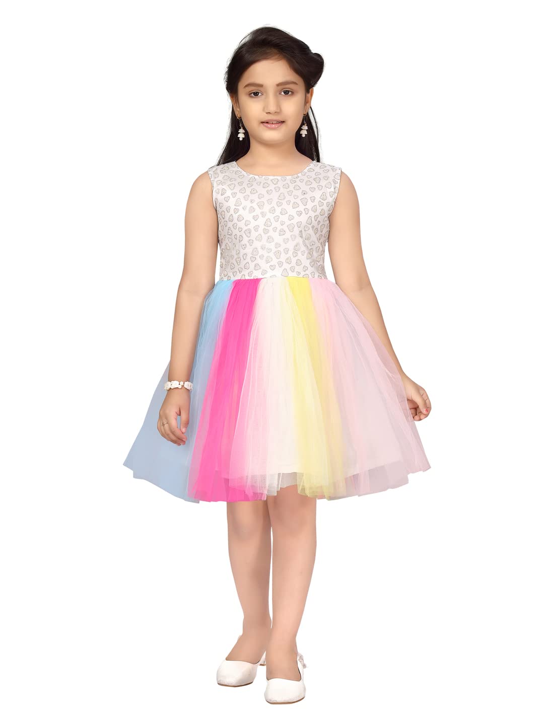Aarika Girls Nylon Classic Knee-Length Dress (NV-FK-21972_White-Multi