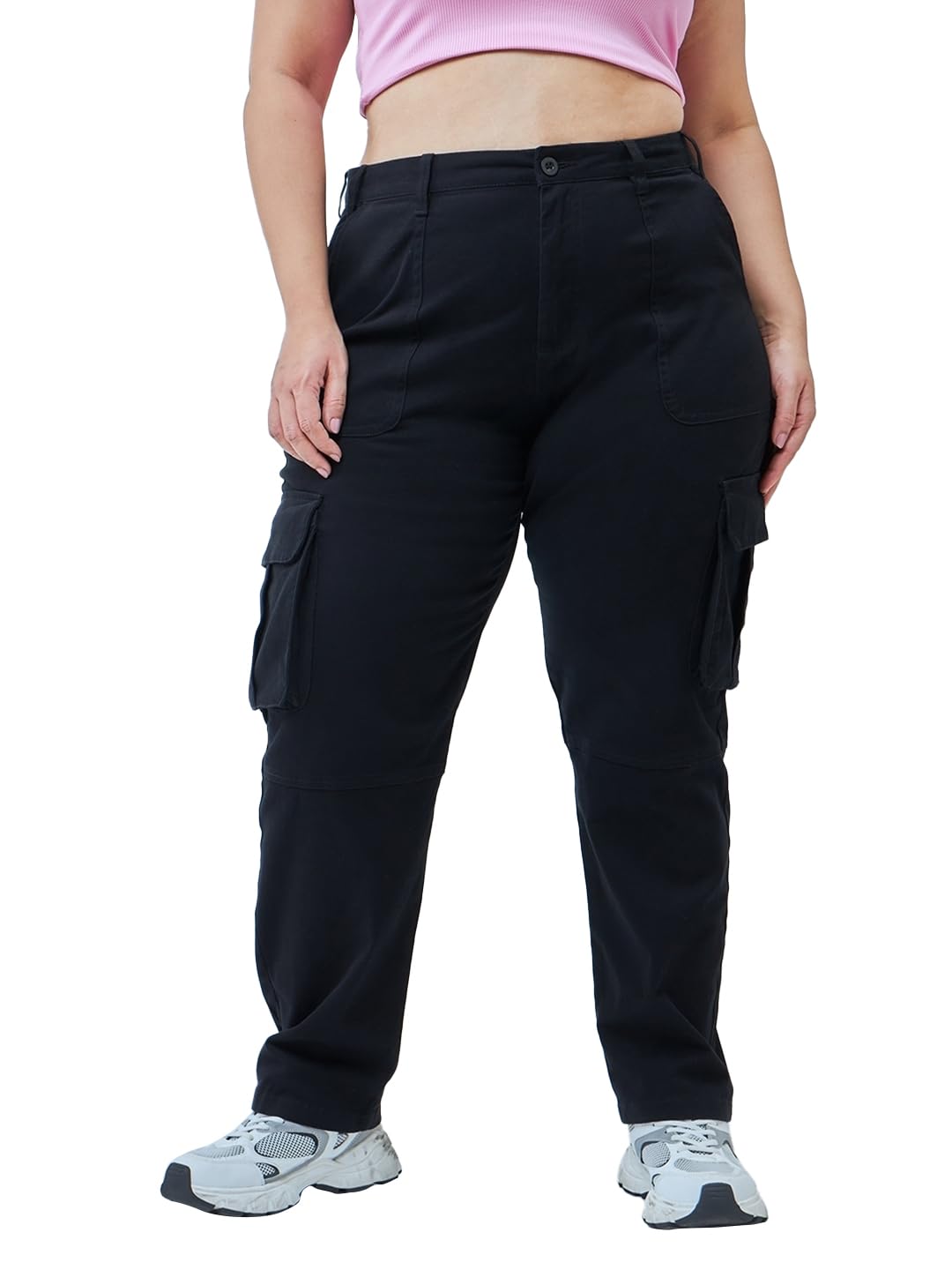 Bewakoof Womens Solid Regular Fit Cotton Blend Plus Size Casual Pants_620018_Black_42