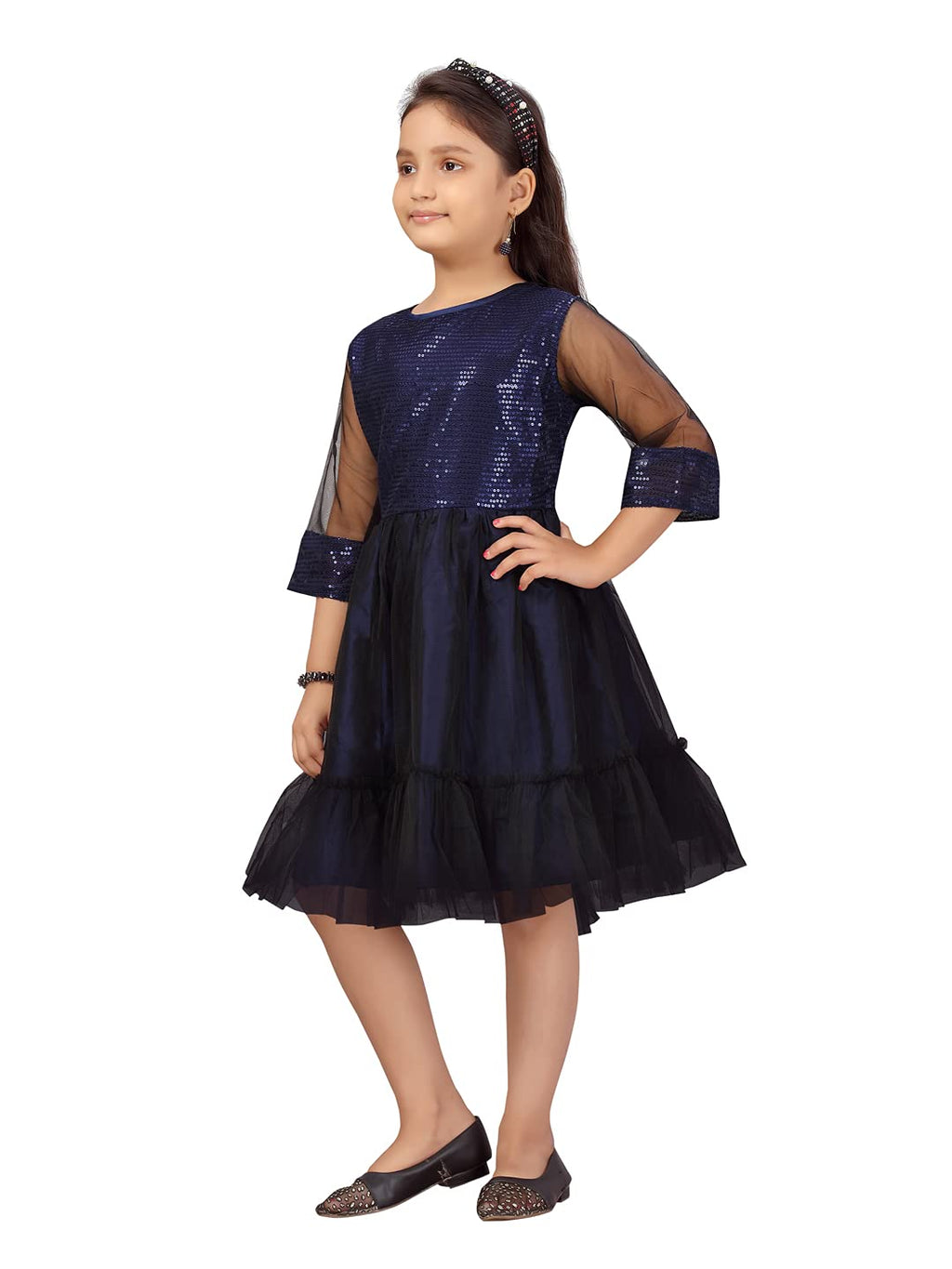 Aarika Girls Net Fit and Flare Knee-Length Dress (JN_FK-21911_Navy Blue