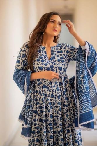 Flosive Blue Rayon Cotton Anarkali Kurti Set