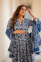 Flosive Blue Rayon Cotton Anarkali Kurti Set