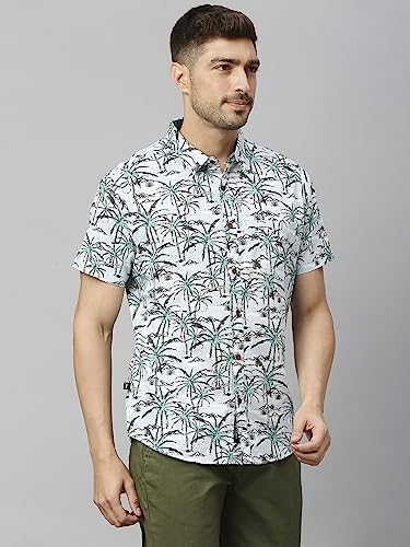 Thomas Scott Mens Printed Slim Fit 100% Cotton Casual Shirt with Spread Collar and Half Sleeve