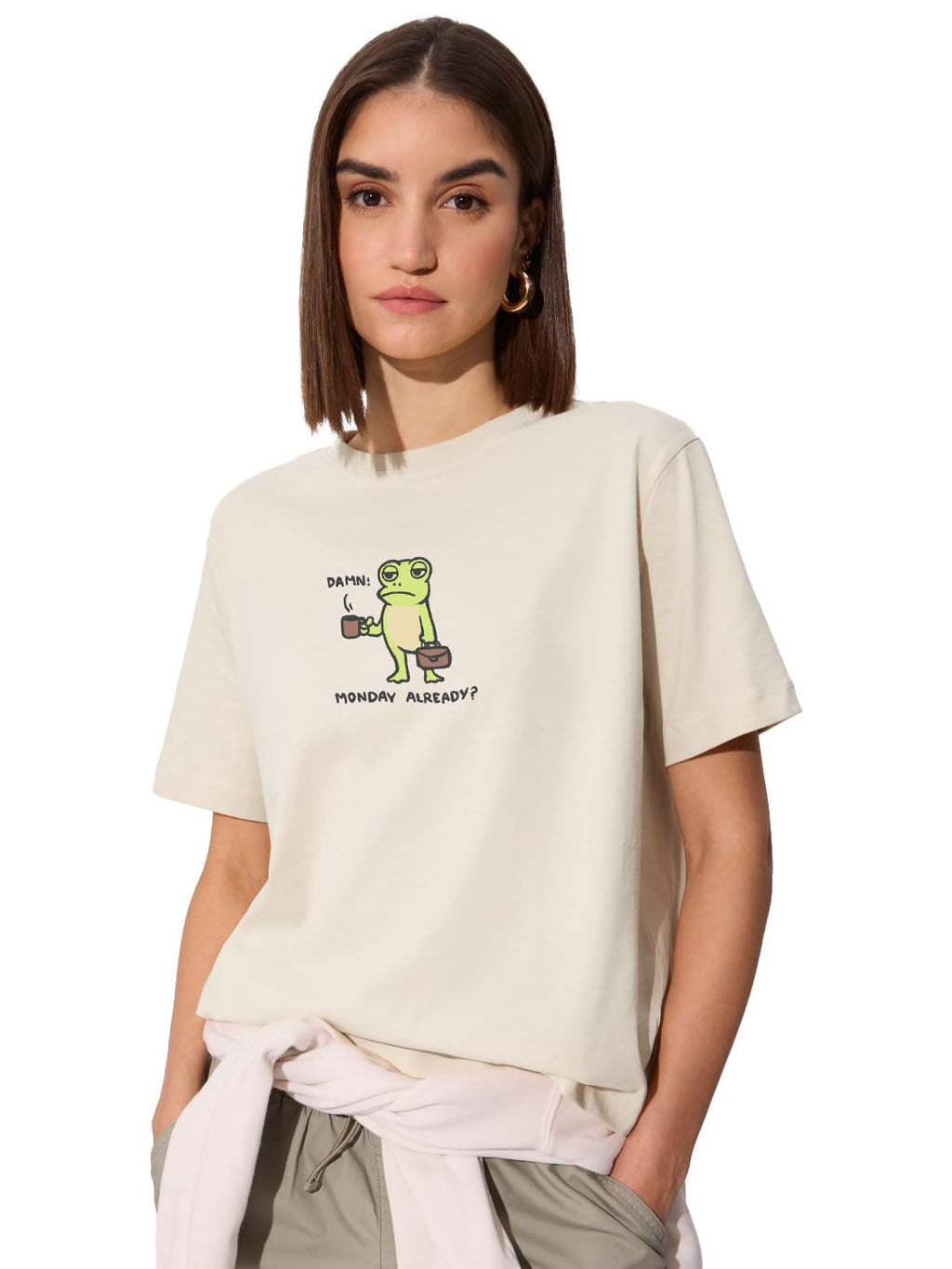 The Souled Store Relaxed T-Shirt: Monday Frog Women and Girls Short Sleeves Round Neck White Graphic Printed Cotton Relaxed Fit 