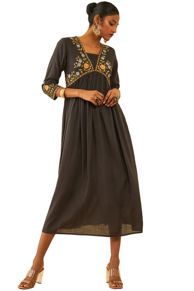 Soch Women Rayon Slub Floral Embroidered Empire Ethnic Dress