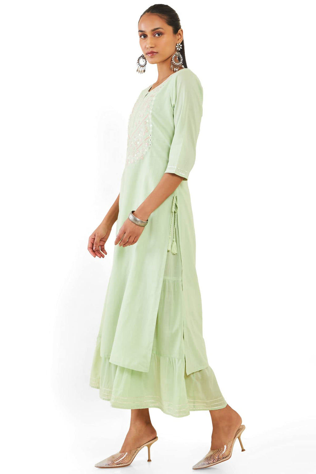 Soch Women Green Cotton Embroidered Dress Kurta