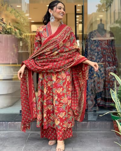 ANNI DESIGNER Womens Rayon Blend Anarkali Printed Kurta with Palazzo & Dupatta (CIA RED-VKS01_S_Red_Small)