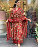 ANNI DESIGNER Womens Rayon Blend Anarkali Printed Kurta with Palazzo & Dupatta (CIA RED-VKS01_S_Red_Small)