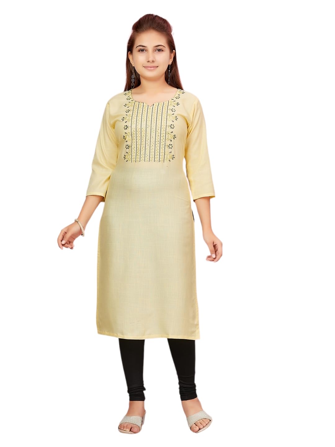 Aarika Girls Lemon-Black Colour Cotton Blend Kurti Legging Set (Kl-K-176-Lemon-Black-34)