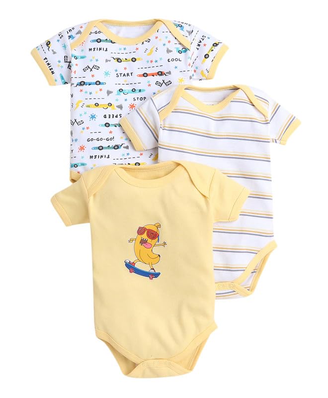 BUMZEE Yellow & White Girls Half Sleeves Bodysuit Pack Of 3 Age - New Born (Peb9443A-ylw.wht)
