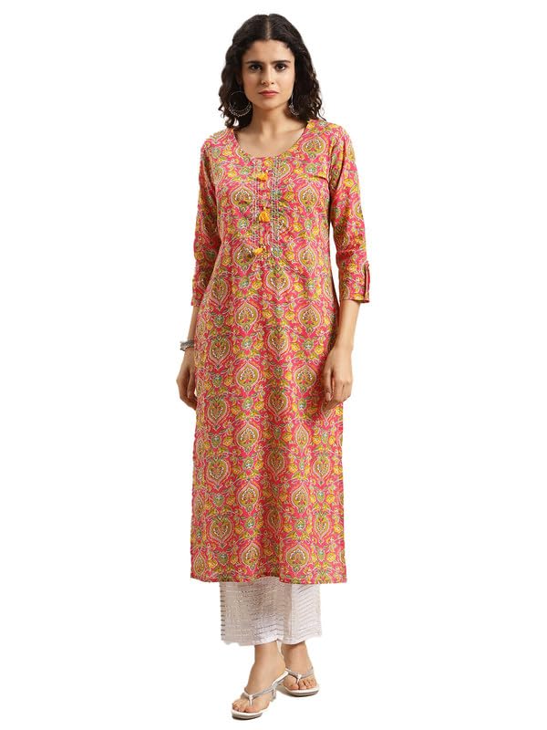 Varanga Women Pink And Yellow Floral Printed Straight Kurta With Round Neck, Three-Quarter Sleeves, Straight Hemline, And Side S