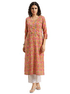 Varanga Women Pink And Yellow Floral Printed Straight Kurta With Round Neck, Three-Quarter Sleeves, Straight Hemline, And Side S
