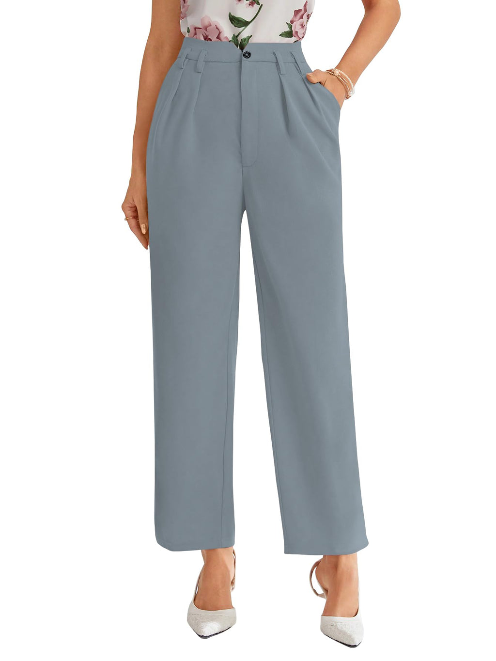 Shasmi Womens Sky Blue High Waist Pleated Straight Leg Trousers  Elegant Solid Color Work Pants with Pockets, Casual Office Wear