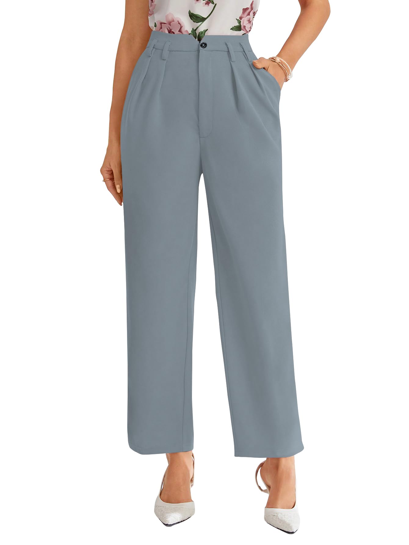 Shasmi Womens Sky Blue High Waist Pleated Straight Leg Trousers  Elegant Solid Color Work Pants with Pockets, Casual Office Wear