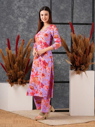 ANNI DESIGNER Womens Cotton Blend Straight Printed Kurta with Palazzo (Chinki Purple_M_Purple_Medium)