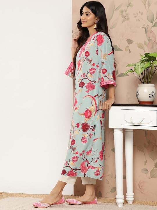Varanga Women'S Blended Relaxed Fit Floral Printed Sequinned Detail A-Line Kurta ??Elegant And Stylish Ethnic Wear