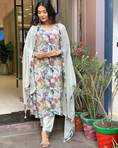 ANNI DESIGNER Womens Cotton Blend Straight Printed Kurta with Pant & Dupatta (Habibi Grey_3XL_Grey_XXX-Large)