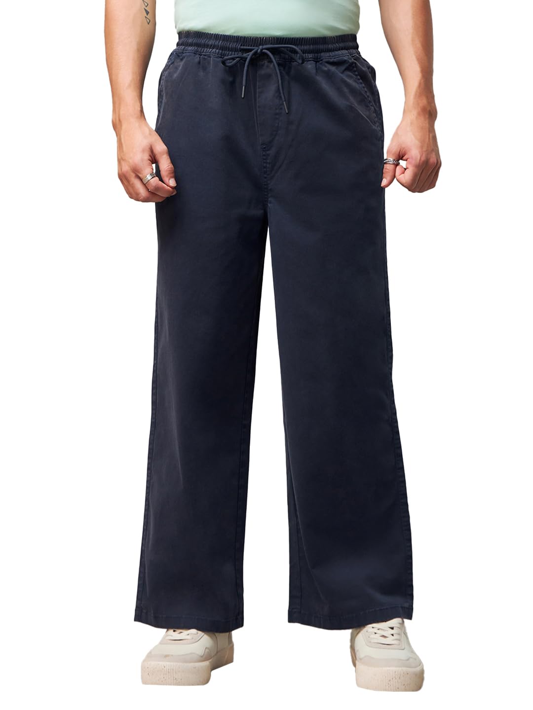 Bewakoof MenS Solid Straight Fit Cotton Spandex Blend Casual Pants_617483_Blue_30