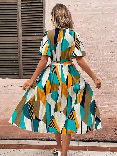 Kzully | Women A-Line Dress With Pleats, Has An V-Neck, Printed Top Comes With A Belt Yellow