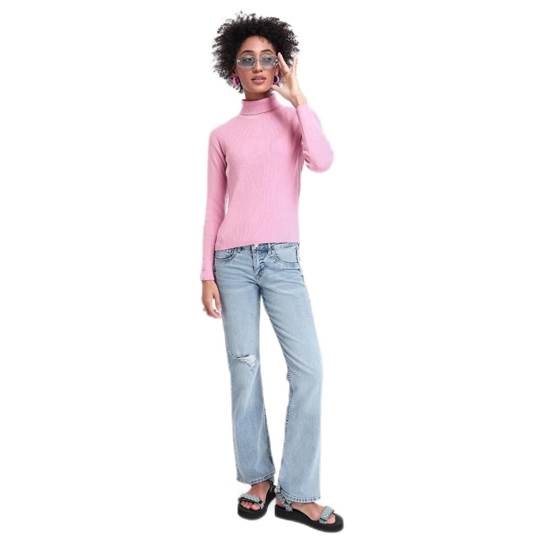 Bewakoof Womens Solid Regular Fit Full Sleeve High Neck Acrylic Sweater Pink