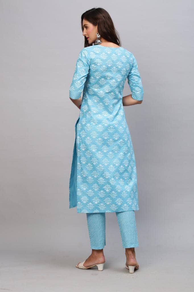 Anni Designer Women'S Cotton Blend Printed Straight Kurta With Pant (Kidya Blue-Nwfb08_Xl_Blue_X-Large)