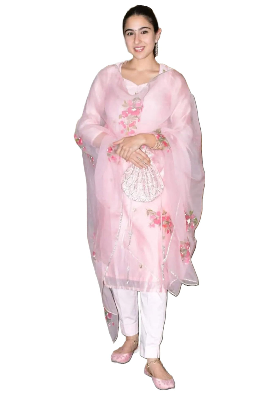 ANNI DESIGNER Women's Organza Straight Printed Kurta with Pant & Dupatta (Mala Pink_L_Pink_Large)
