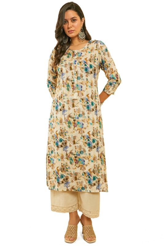 Soch Women Floral Print Rayon Kurta with Kantha Weave