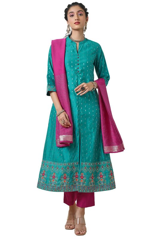 Soch Women Chanderi Mandarin Collar A-Line Suit Set with Dupatta