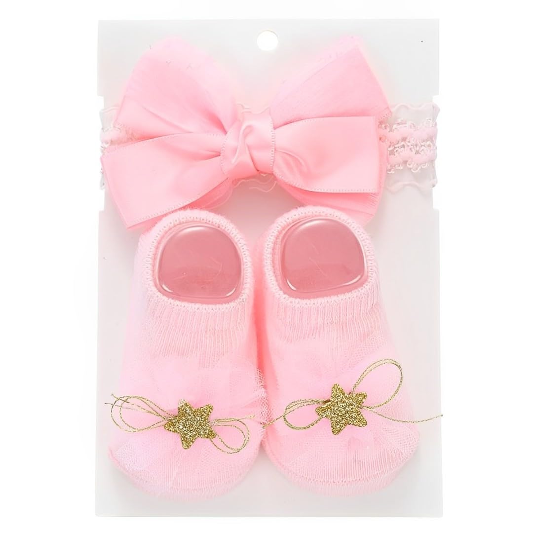 Syga Baby Star Flower Hairband & Shoes Set Soft, Comfortable Fit For Ages 06 MonthOldS Ideal For Newborns & Toddlers(Light Pi 0-12