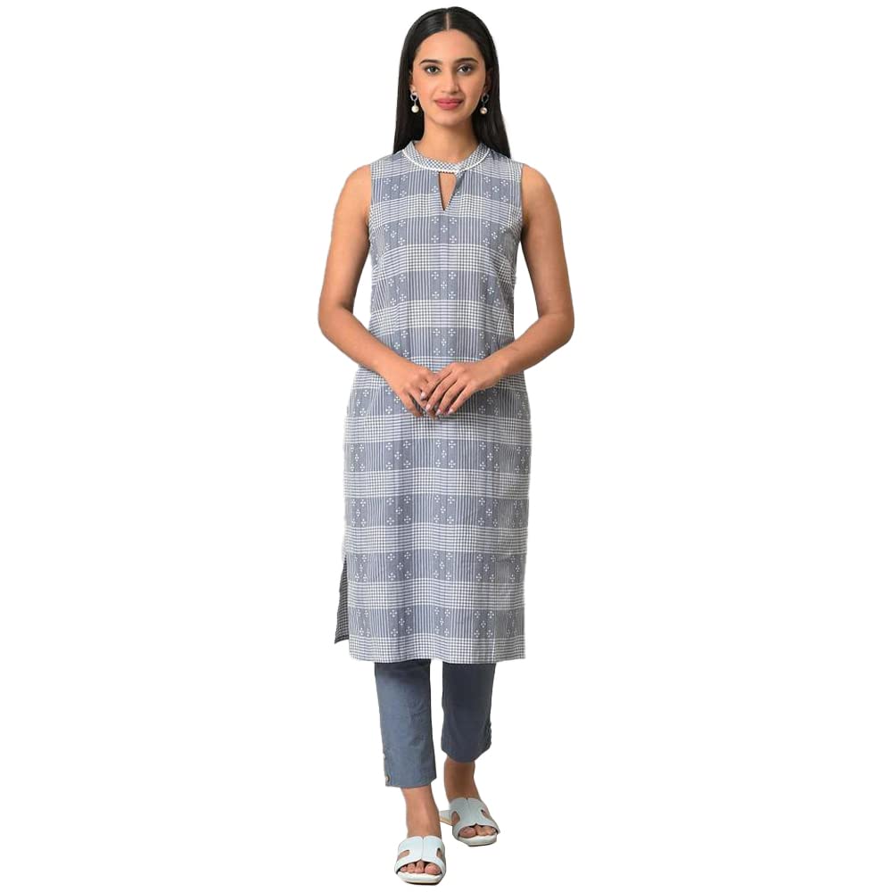 Blue Ghimgham And Dobby Sleeveless Kurta