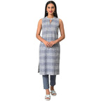 Blue Ghimgham And Dobby Sleeveless Kurta
