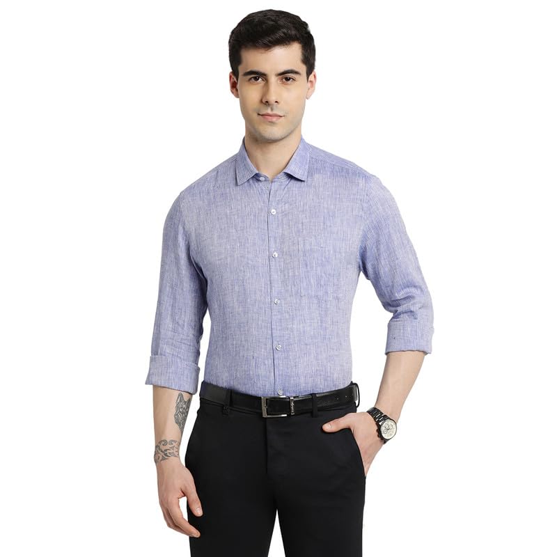 Turtle Men Pure Linen Silm Fit Light Blue Solid Formal Full Sleeve Shirt