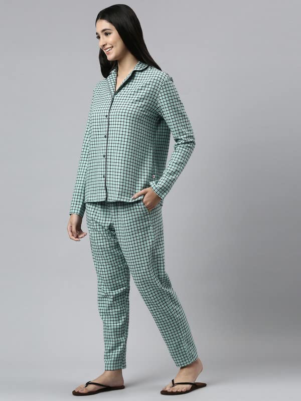 Enamor Essentials Relaxed Fit Cotton Flannel Woven Lazy Full Sleeve Shirt & Mid Rise Pant Set for Womens-EC20 (EC20_Soft Aqua Pl