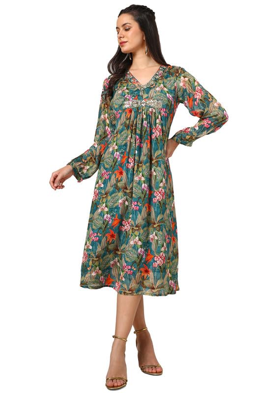 Soch Women Chinon Floral Print Dress with Sequence Work