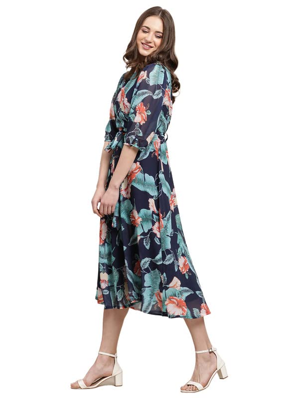 Preneum WomenS Maxi Fit & Flare Latest Style Print Georgette Regular Sleeves Casual |Summer Festival & Occasion Maxi Gown,Navy