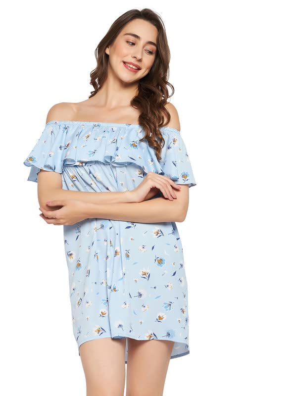 Clovia Women'S Crepe Pretty Florals Resortwear Bardot Dress In Blue (Rw0018P03_Blue_Xl)