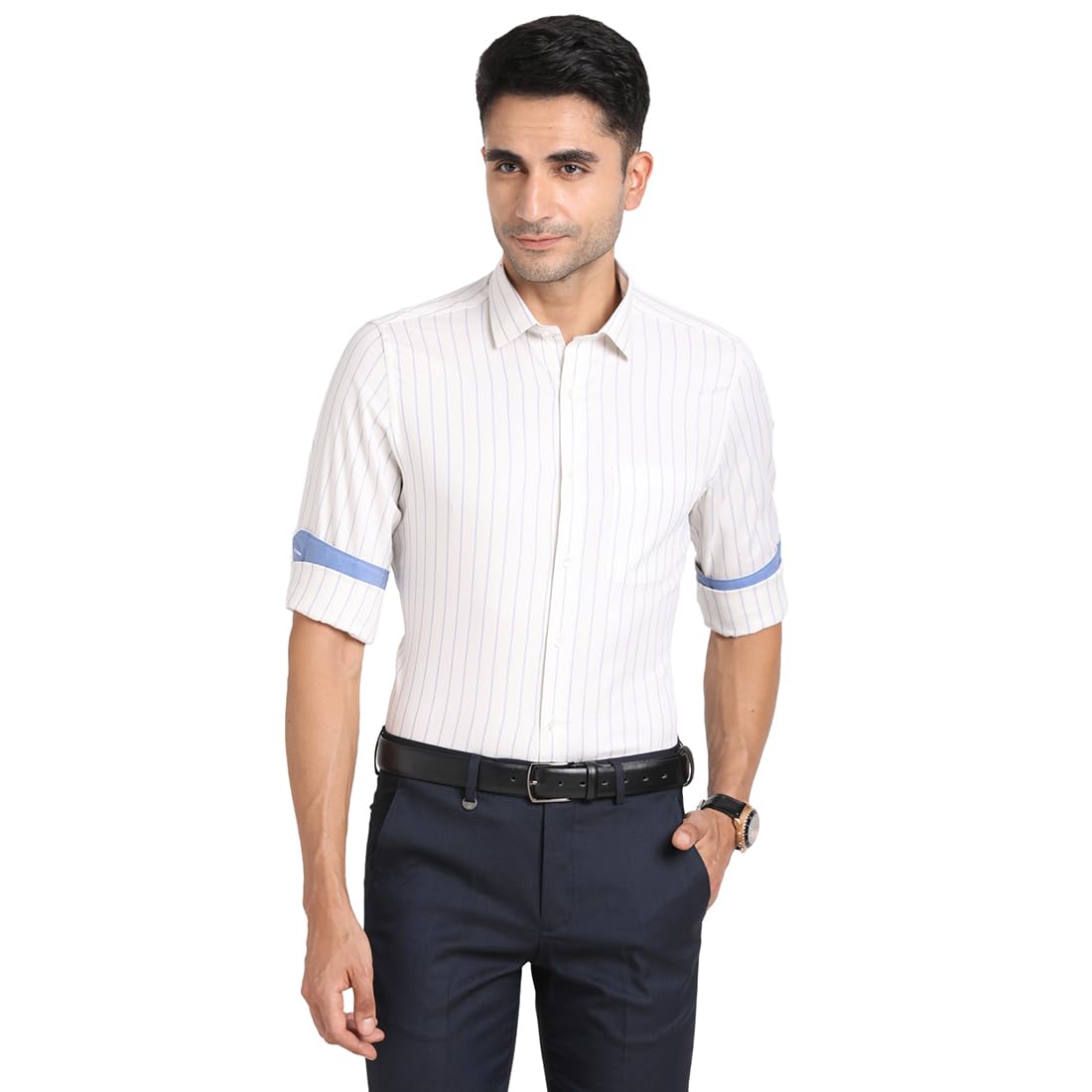 Turtle Men 100% Cotton Striped Slim Fit White Formal Shirt