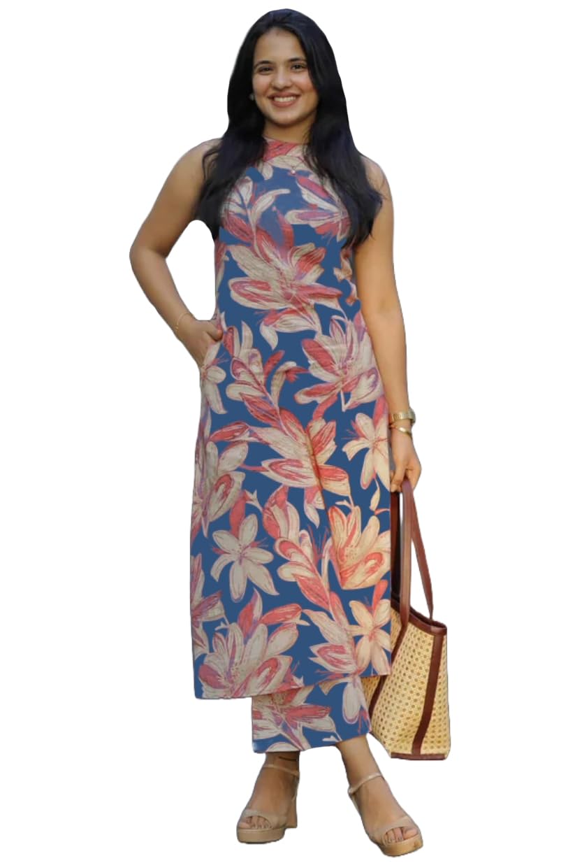 ANNI DESIGNER Womens Rayon Viscose Straight Printed Kurta with Pant (VCM Cerosin_L_Dark Blue_Large)