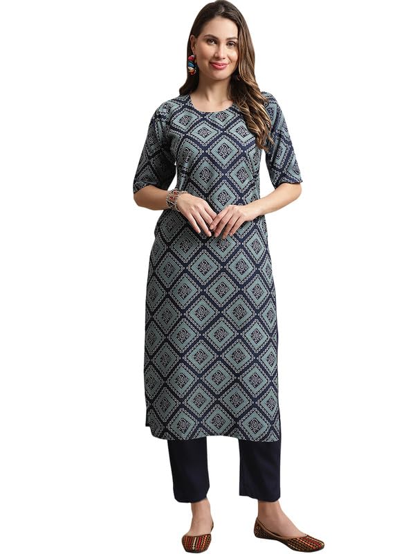 Pinkmint Kurta Set for Women Cotton Printed Knee Length Straight Round Neck Kurti with Pant (Pack of 1)