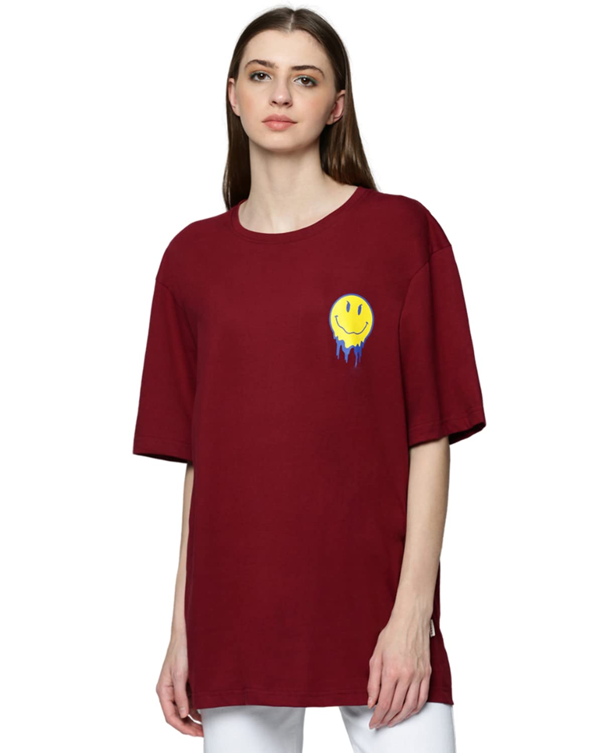 Veirdo Women's Oversize Loose Baggy Fit Drop Shoulder and Pocket Print Design Short Sleeve Marron T-Shirt