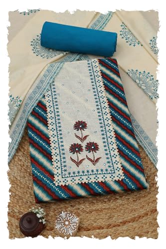 Soch Women Jam Cotton Striped Unstitched Dress Material with Thread Work