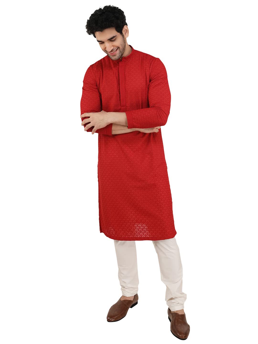 Manyavar Stylish Casual Cotton Full Sleeves Kurta Set for Men (Red, XX-Large)