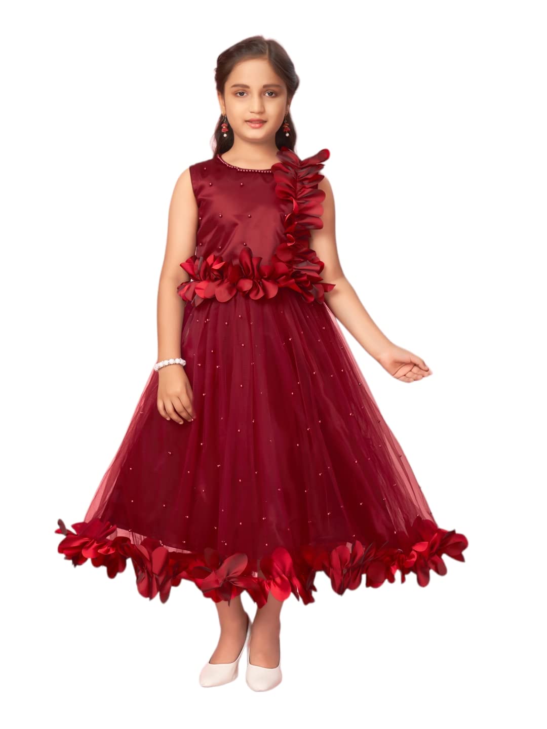 Aarika Girls Nylon Fit and Flare Floor Length Dress (New_G-16000_Maroon