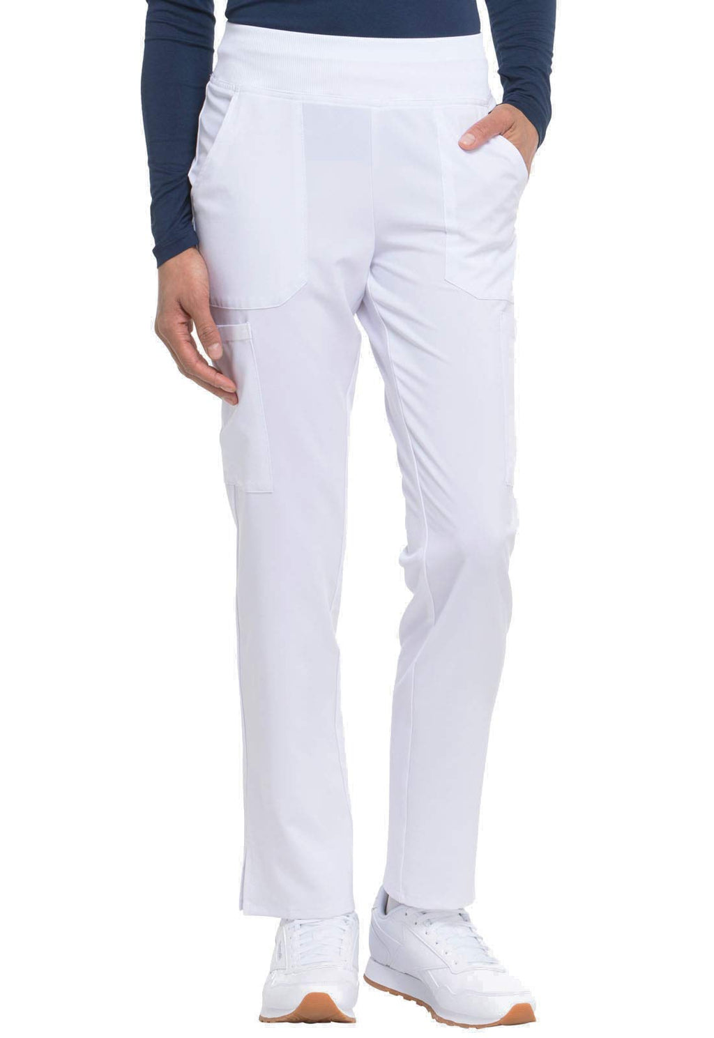 Dickies Women's Scrub Pants Natural Rise Tapered Leg Pull-On Bottoms with 7 Pockets and Knit Waistband DK005T, L Tall, White