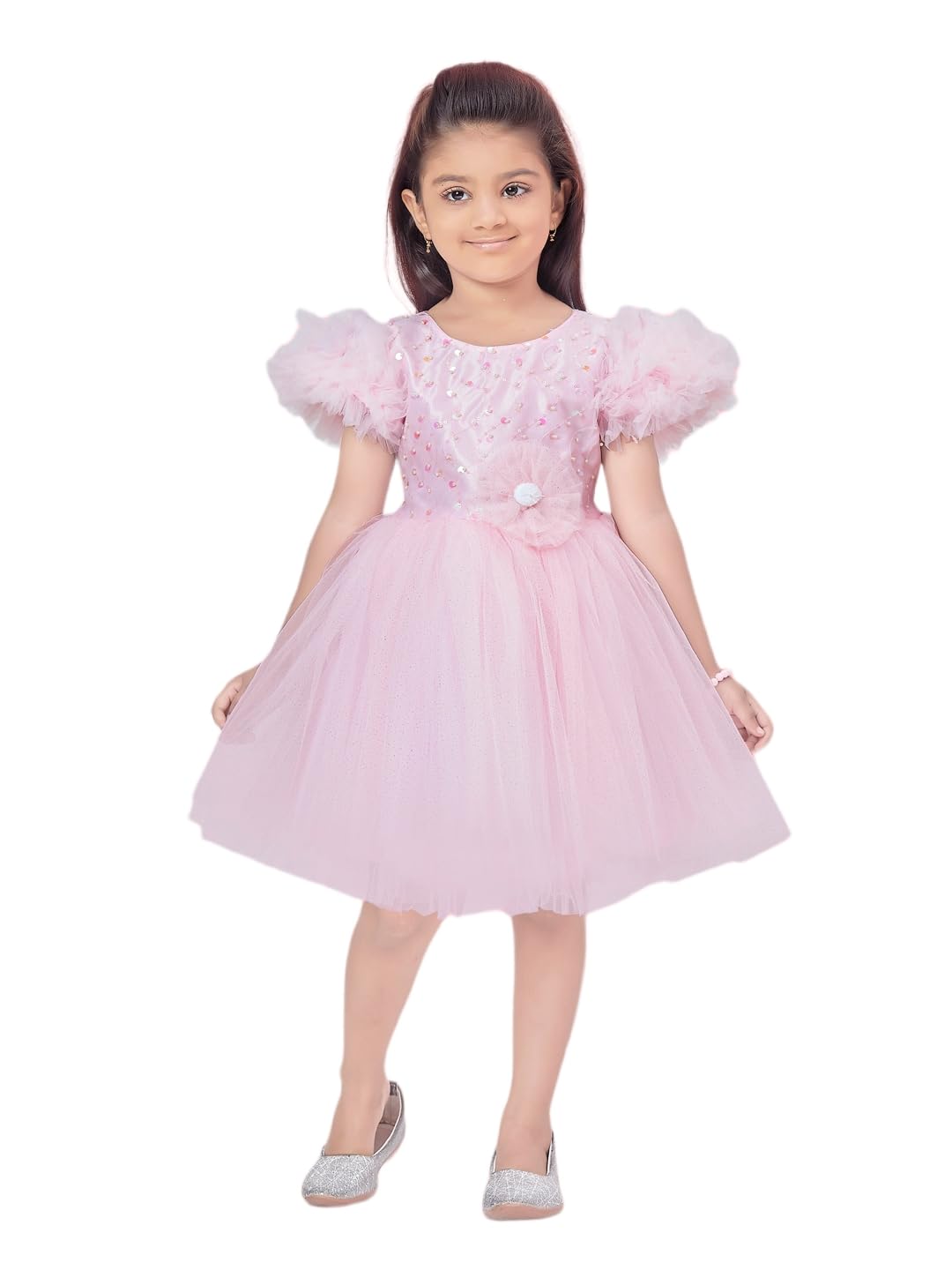 Aarika Girls Net Fit and Flare Above The Knee Dress (FK-16001_Pink