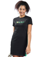 Juneberry Women Crew-Neck Typographic Print T-Shirt Black Dress With Front Slit And Contrast Tape (Xxl)