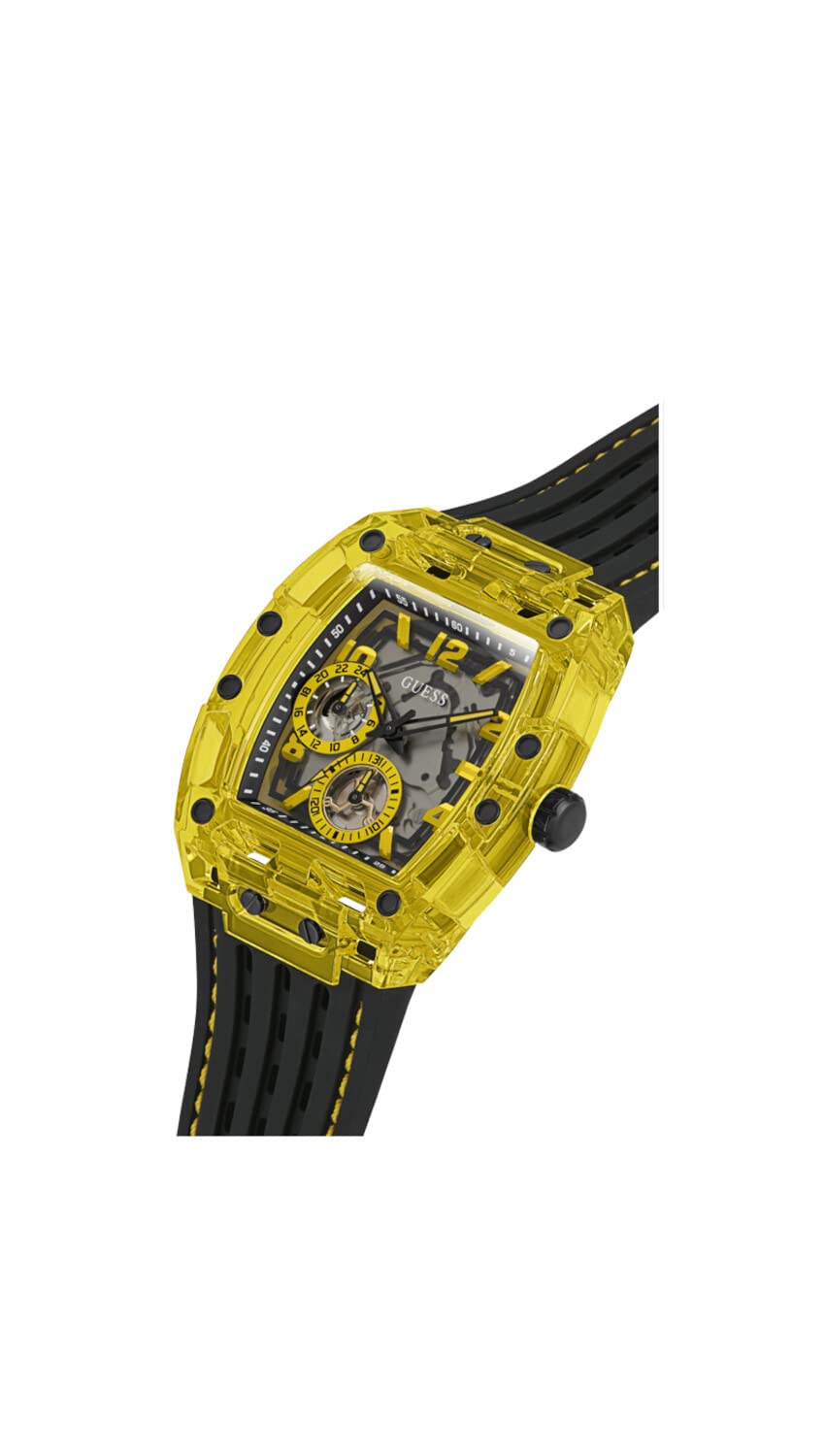 GUESS Men's 44mm Watch - Black Strap Black Dial Yellow Case