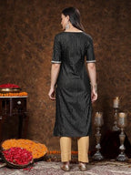 Stylum Womens Woven Design & Embroidered Lurex Cotton Straight Kurta Black