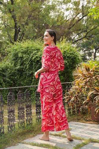 ANNI DESIGNER Womens Rayon Blend Straight Printed Co-Ord Set (Bhata Pink_M_Pink_Medium)