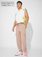 The Souled Store Solids: Coffee Cream Men and Boys Drawstringed Cotton Blend Slim Fit Cargo Joggers